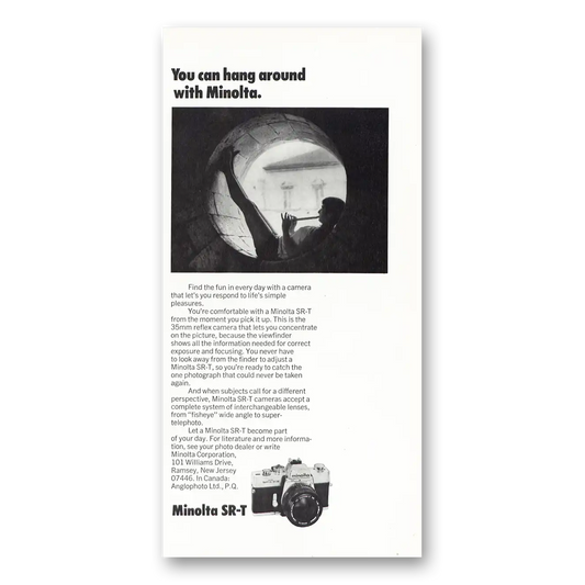 1976 Minolta SRT Camera You Can Hang Around Vintage Magazine Print Ad