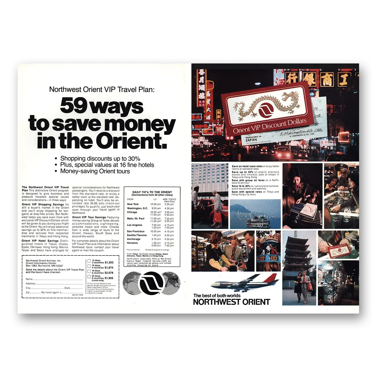 1976 Northwest Orient Airlines Ways To Save Money Vintage Magazine Print Ad