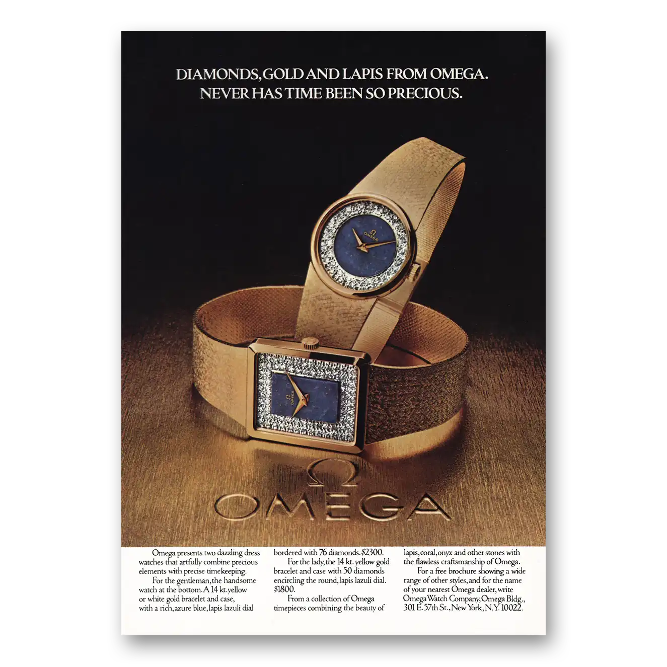 1976 Omega Watch Diamonds Gold and Lapis Vintage Magazine Print Ad