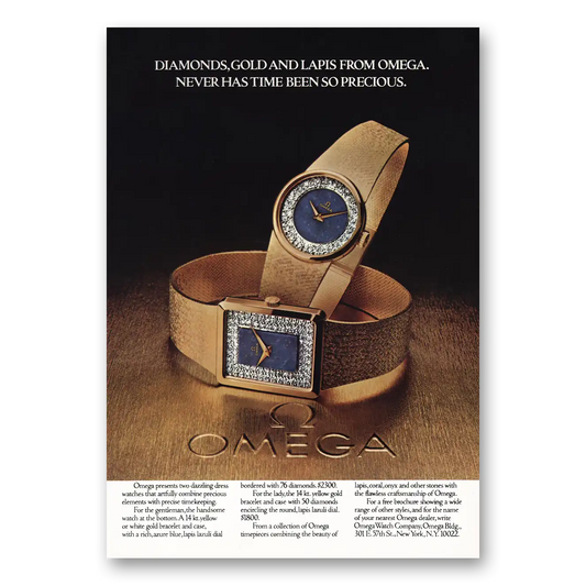 1976 Omega Watch Diamonds Gold and Lapis Vintage Magazine Print Ad