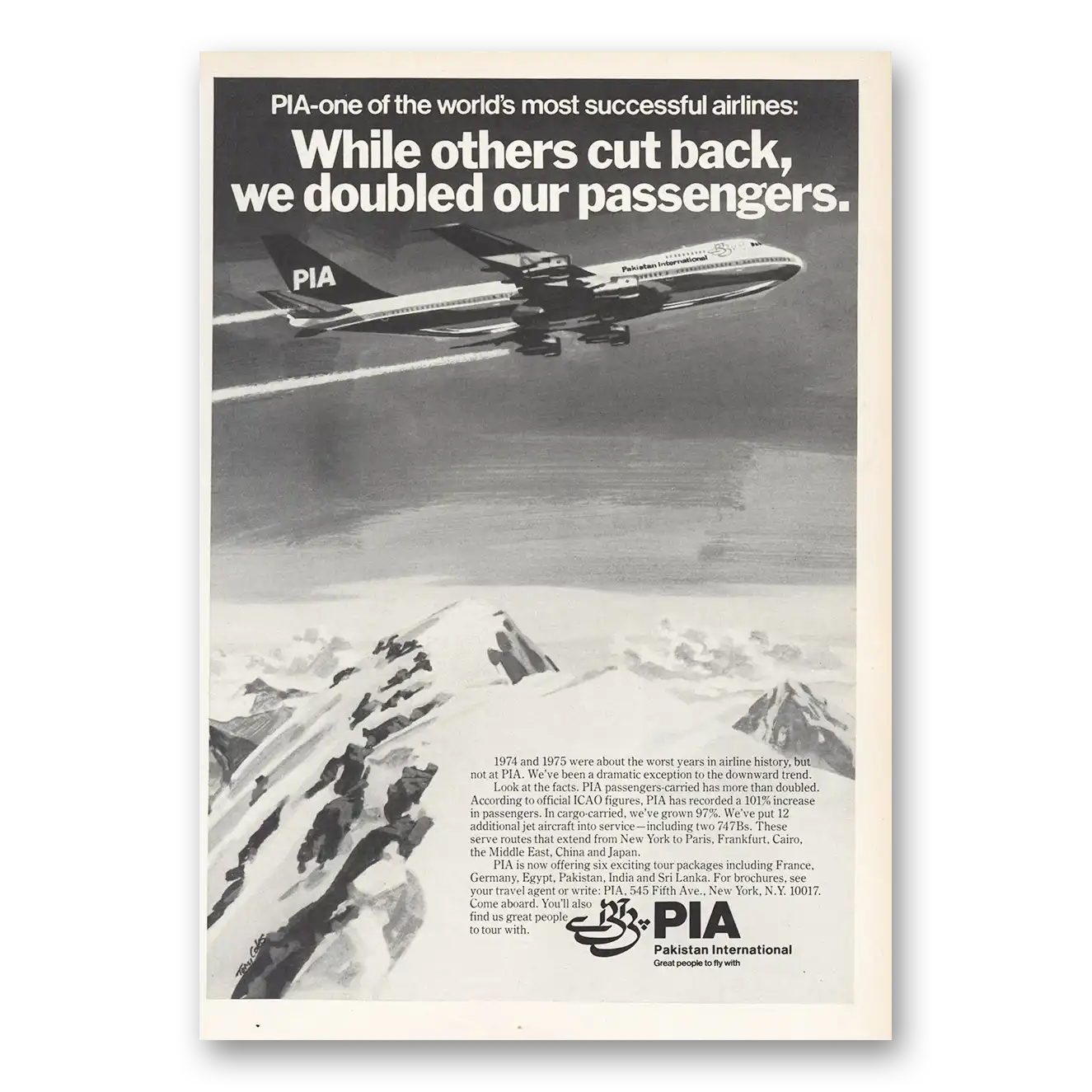 1976 Pakistan International Airlines Doubled Passengers Vintage Magazine Print Ad