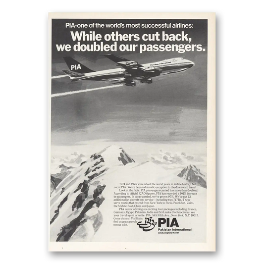 1976 Pakistan International Airlines Doubled Passengers Vintage Magazine Print Ad