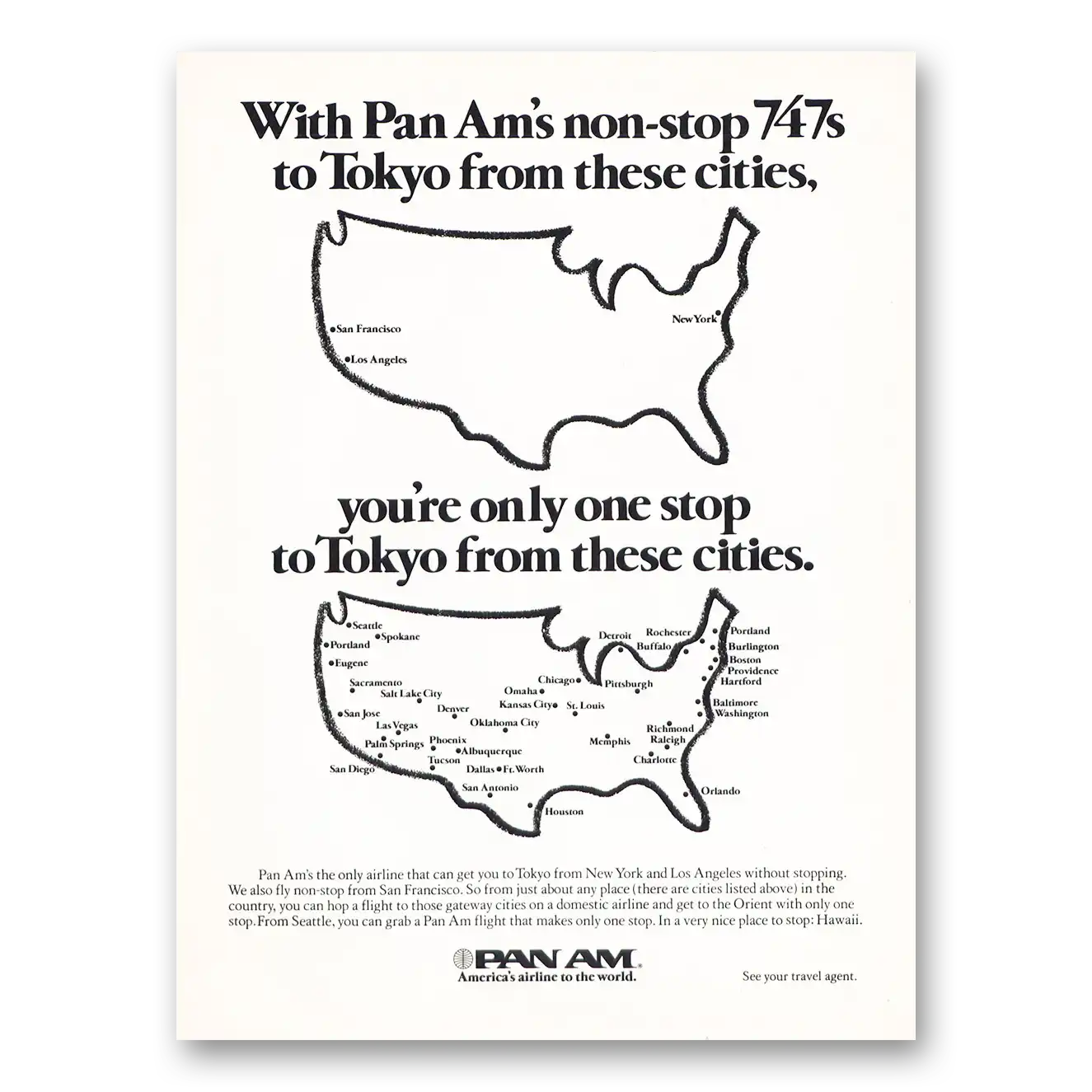 1976 Pan Am Non Stop 747s to Tokyo From These Cities Vintage Magazine Print Ad