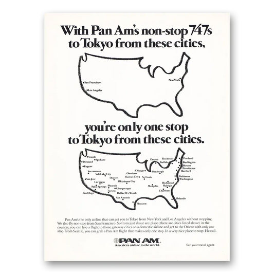 1976 Pan Am Non Stop 747s to Tokyo From These Cities Vintage Magazine Print Ad