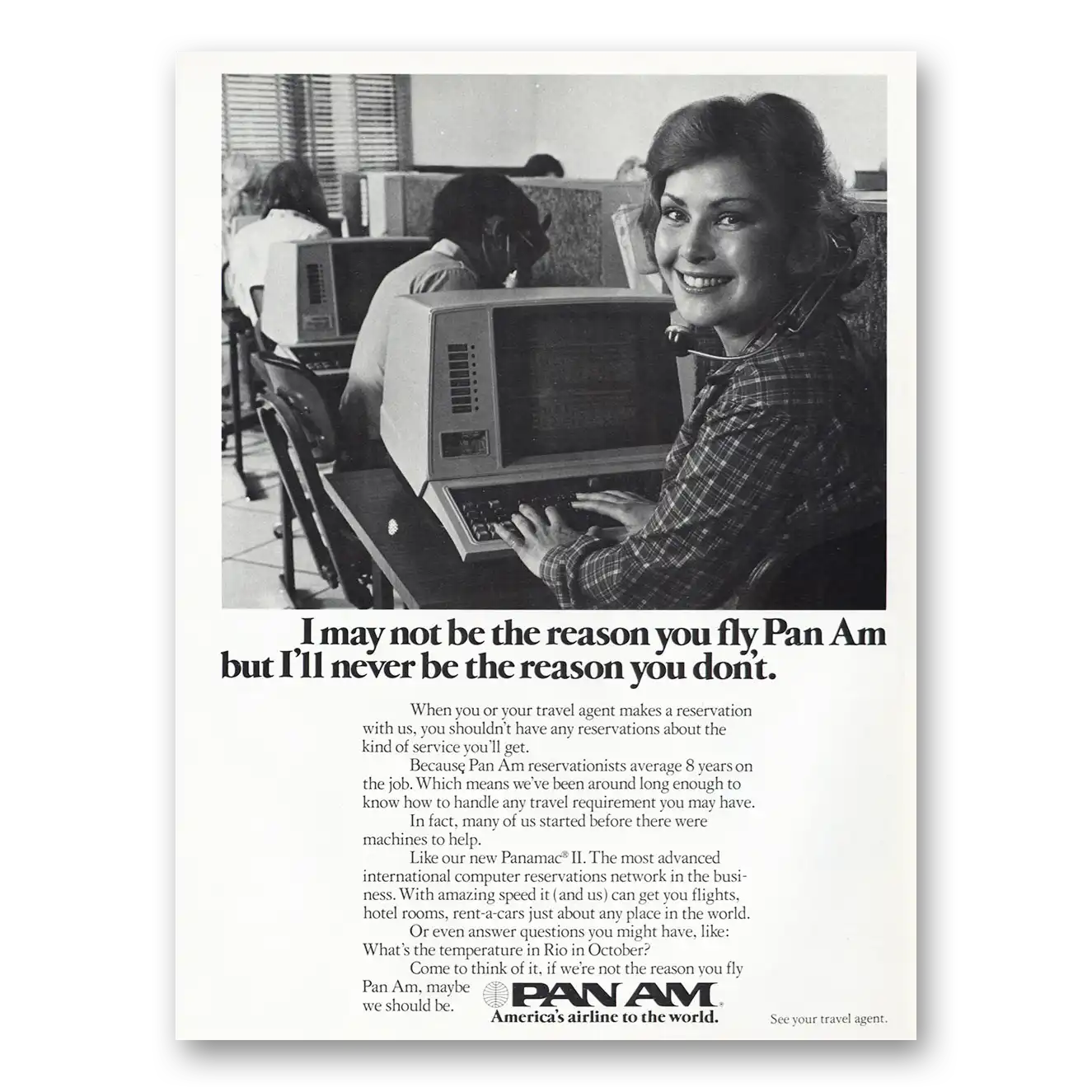 1976 Pan Am I May Not Be the Reason You Fly Vintage Magazine Print Ad