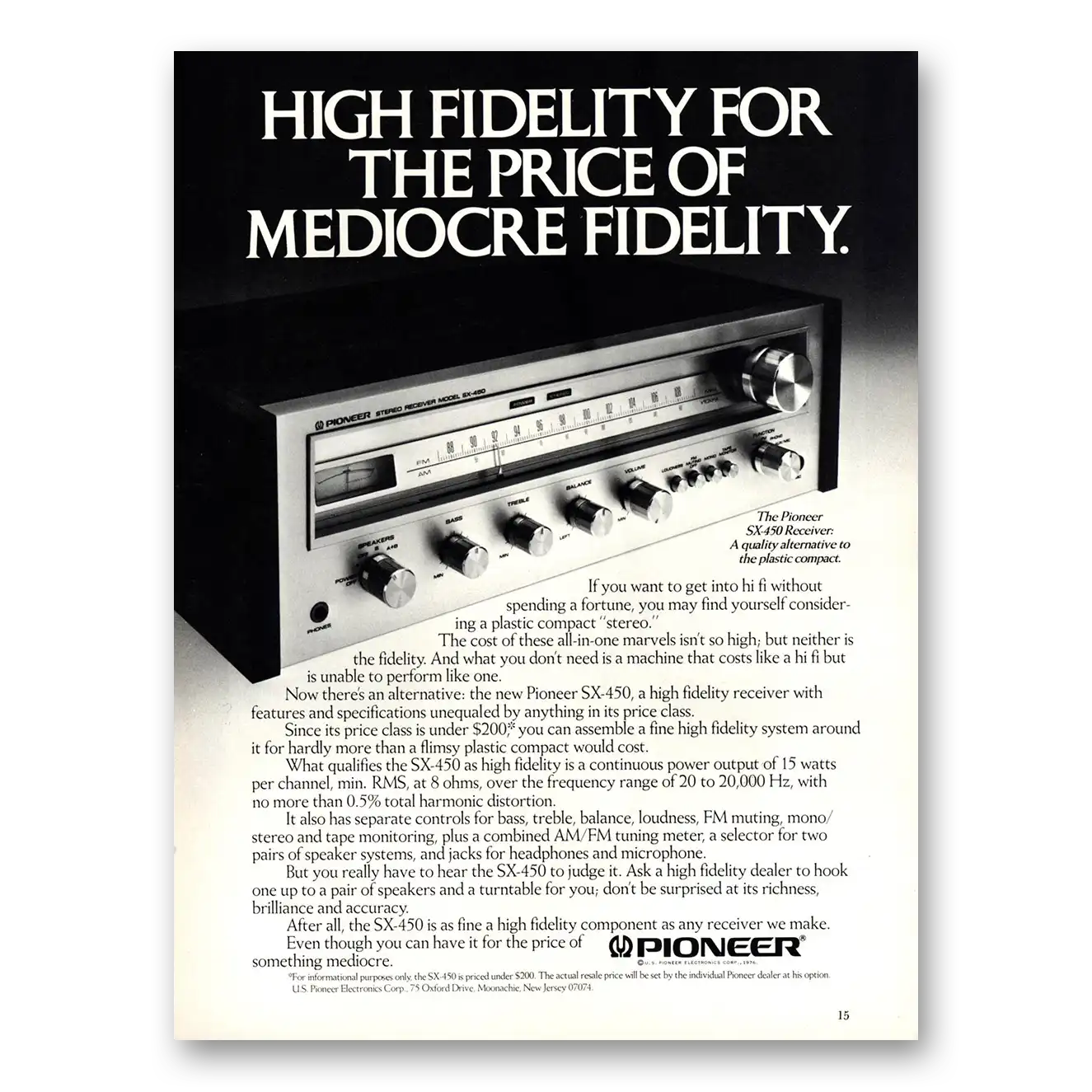 1976 Pioneer Stereo Components High Fidelity Price of Mediocre Fidelity Vintage Magazine Print Ad