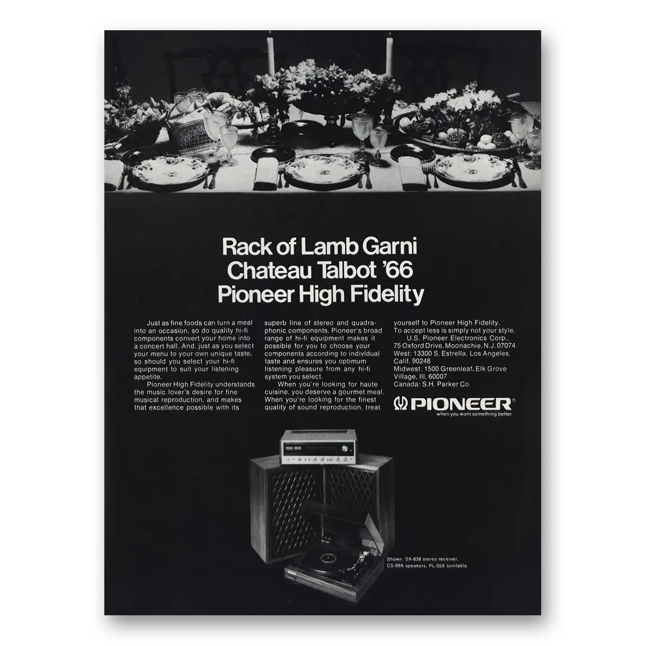 1976 Pioneer Stereo Components Rack of Lam Garni Chateau Talbot Vintage Magazine Print Ad