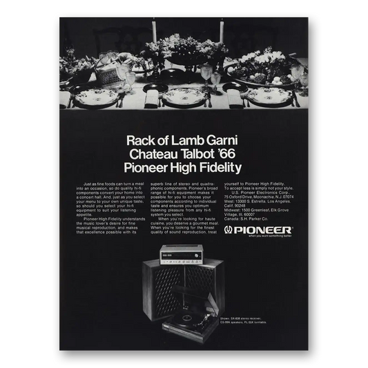 1976 Pioneer Stereo Components Rack of Lam Garni Chateau Talbot Vintage Magazine Print Ad