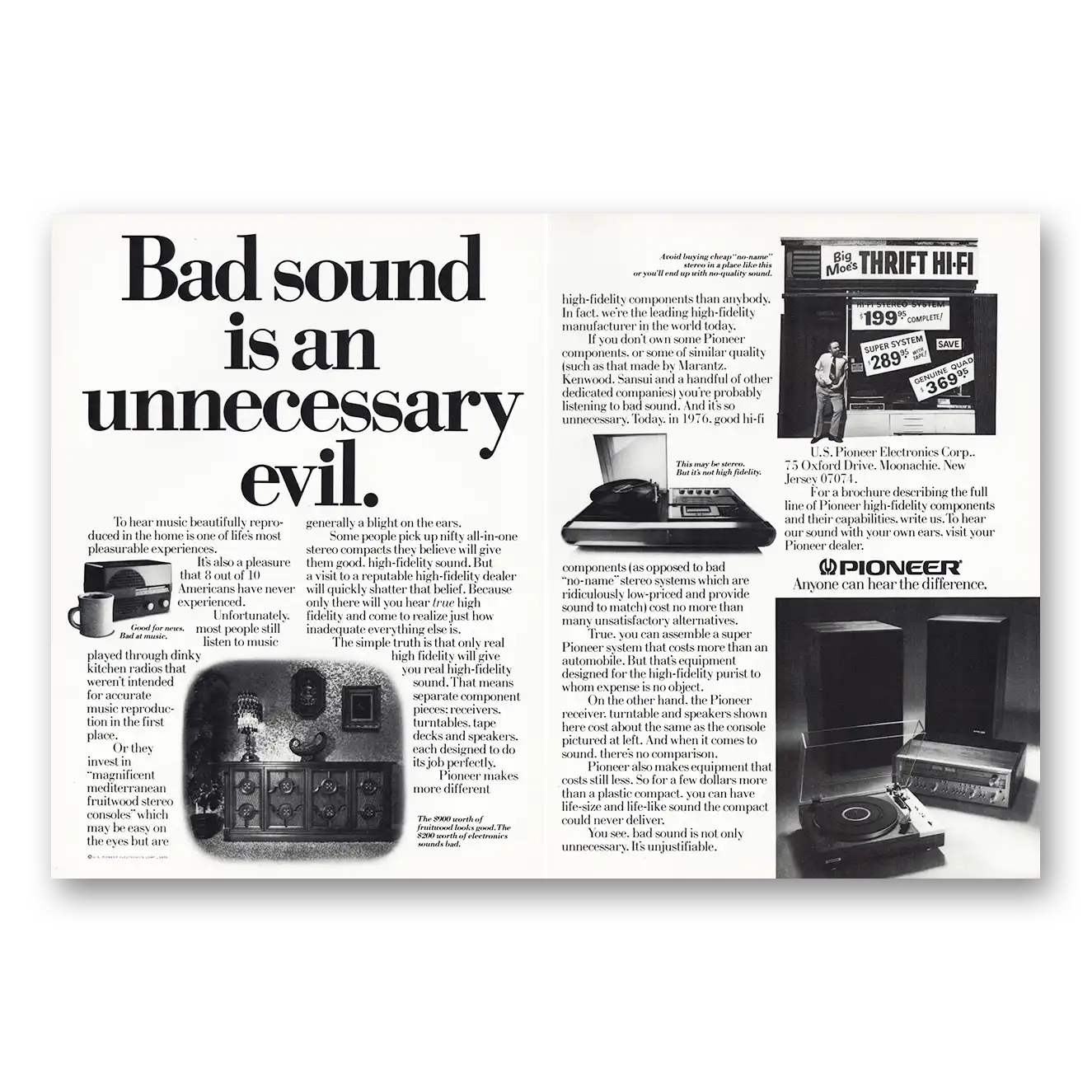 1976 Pioneer Stereo Components Bad Sound Is An Unnecessary Evil Vintage Magazine Print Ad