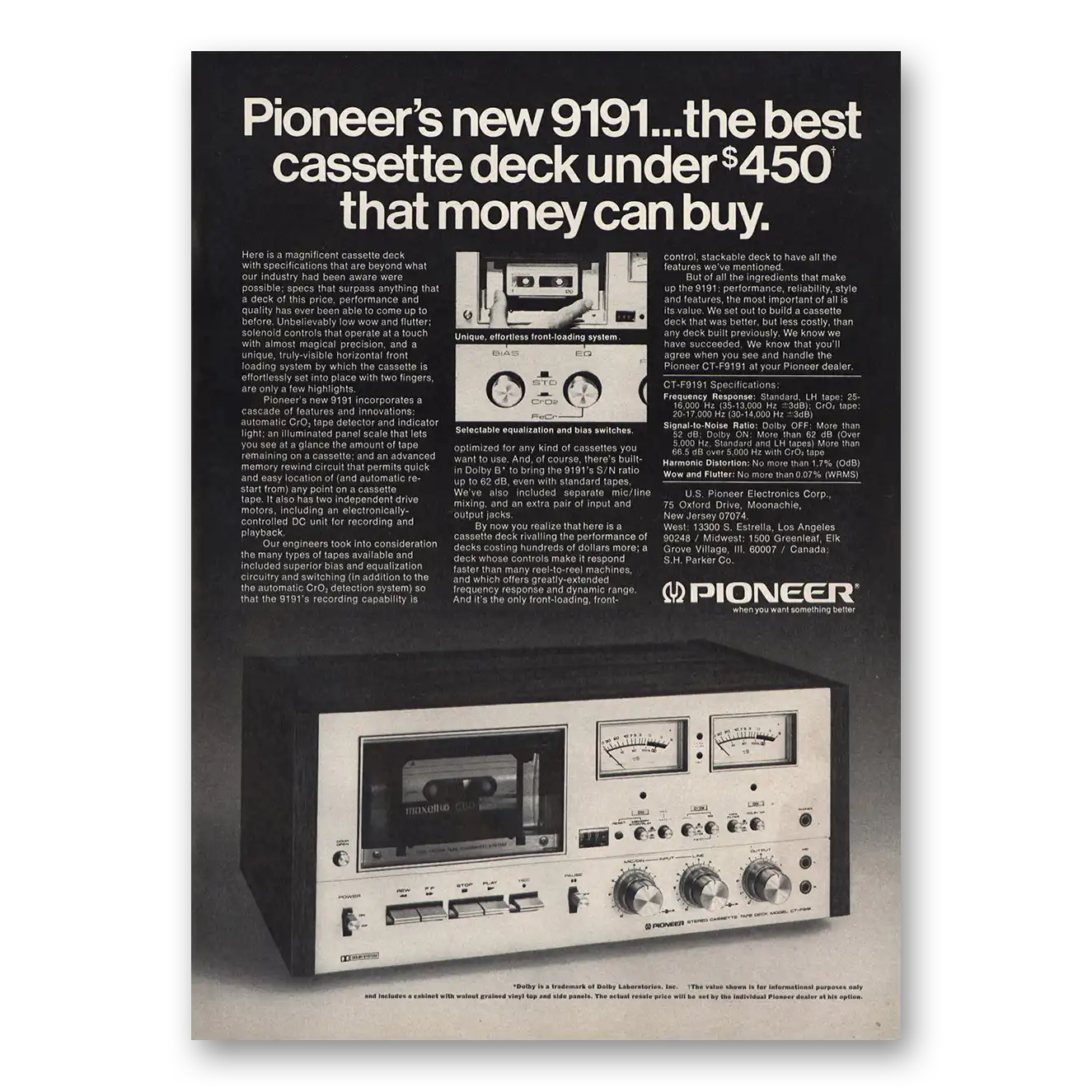 1976 Pioneer Cassette Deck New 9191 Vintage Magazine Print Ad