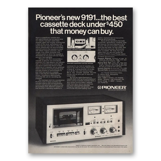 1976 Pioneer Cassette Deck New 9191 Vintage Magazine Print Ad