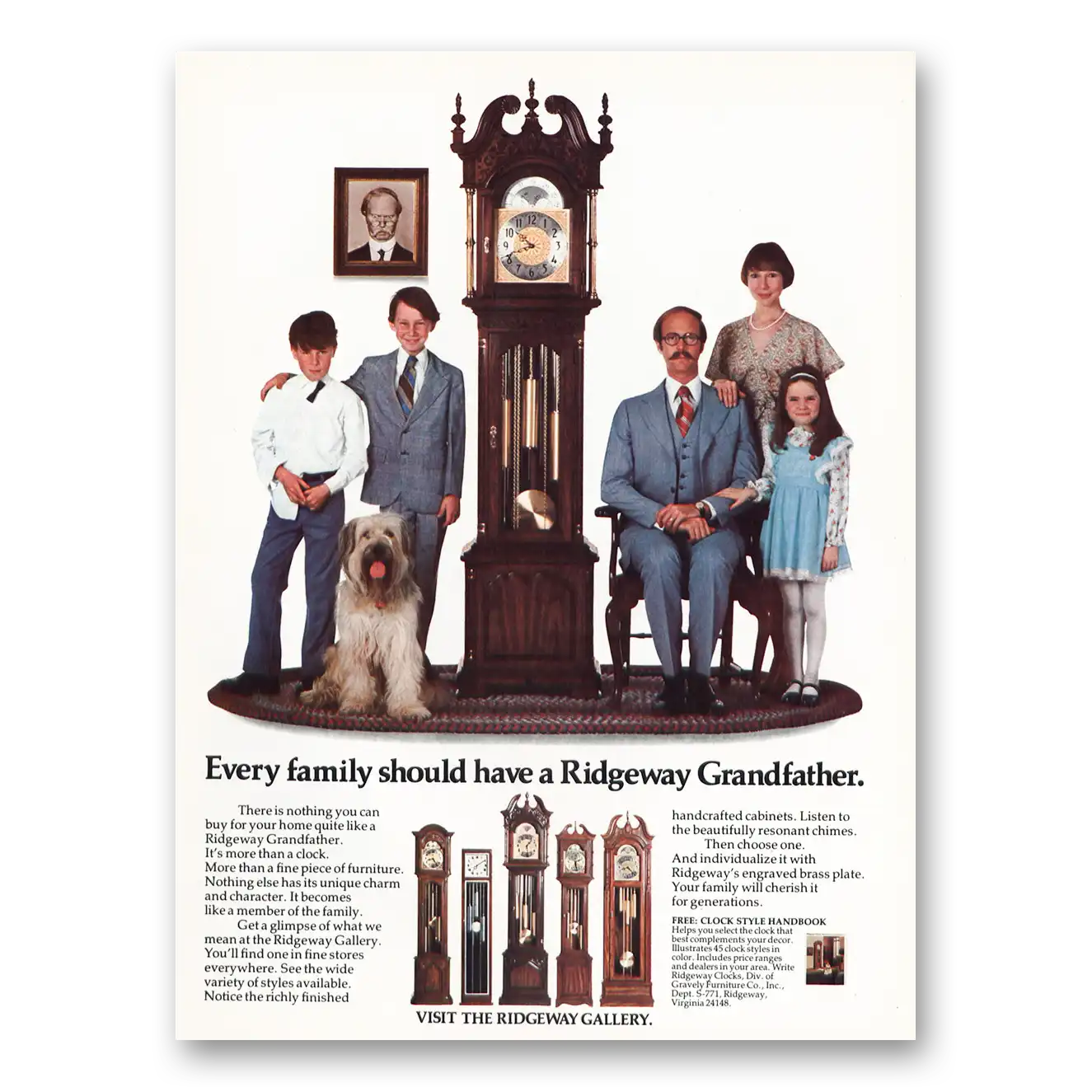 1976 Ridgeway Clocks Grandfather Clock Every Family Should Have Vintage Magazine Print Ad