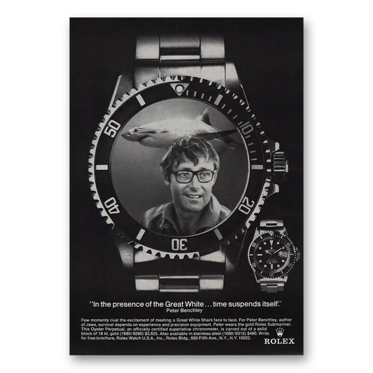 1976 Rolex Presence of the Great White Peter Benchley Vintage Magazine Print Ad