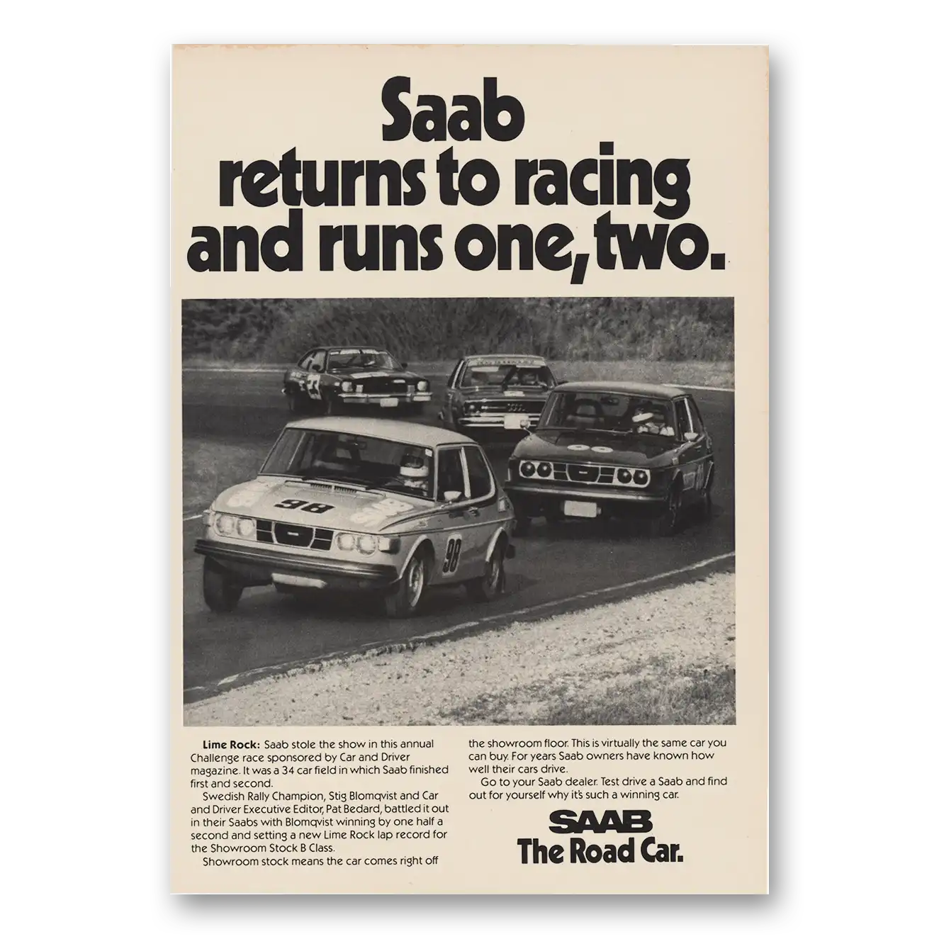 1976 Saab Returns to Racing Vintage Magazine Print Ad