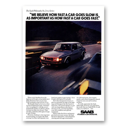 1975 Saab How Fast a Car Goes Slow Vintage Magazine Print Ad