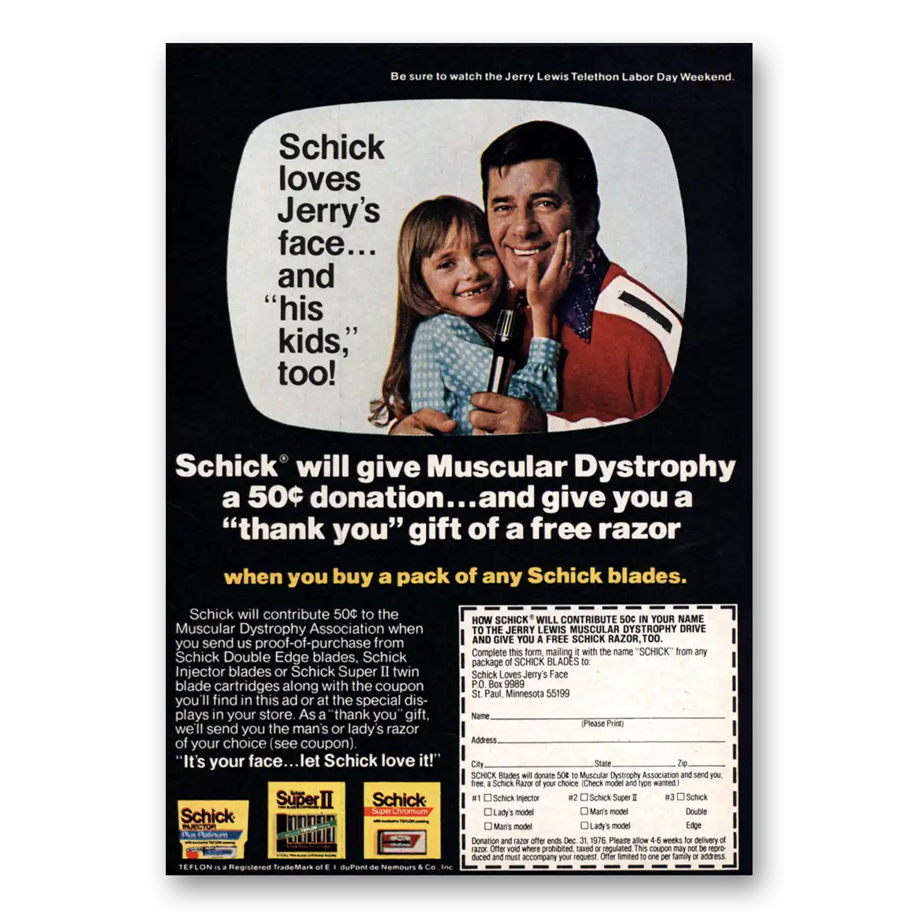 1976 Schick Razor Blades Jerry Lewis Muscular Dystrophy Vintage Magazine Print Ad