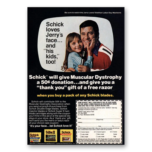 1976 Schick Razor Blades Jerry Lewis Muscular Dystrophy Vintage Magazine Print Ad