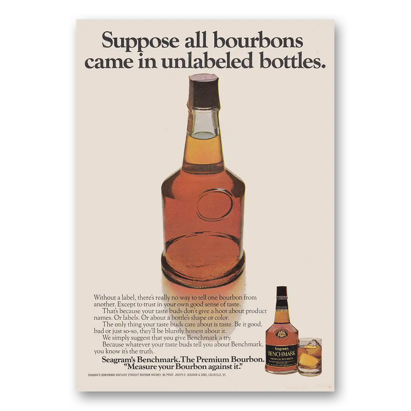 1976 Benchmark Bourbon Suppose All Bourbons Came In Unlabeled Bottles Vintage Magazine Print Ad