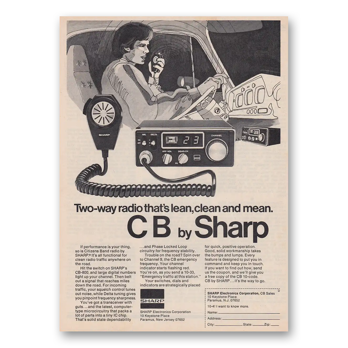 1976 Sharp CB Radio Two Way Radio That’s Lean Clean and Mean Vintage Magazine Print Ad