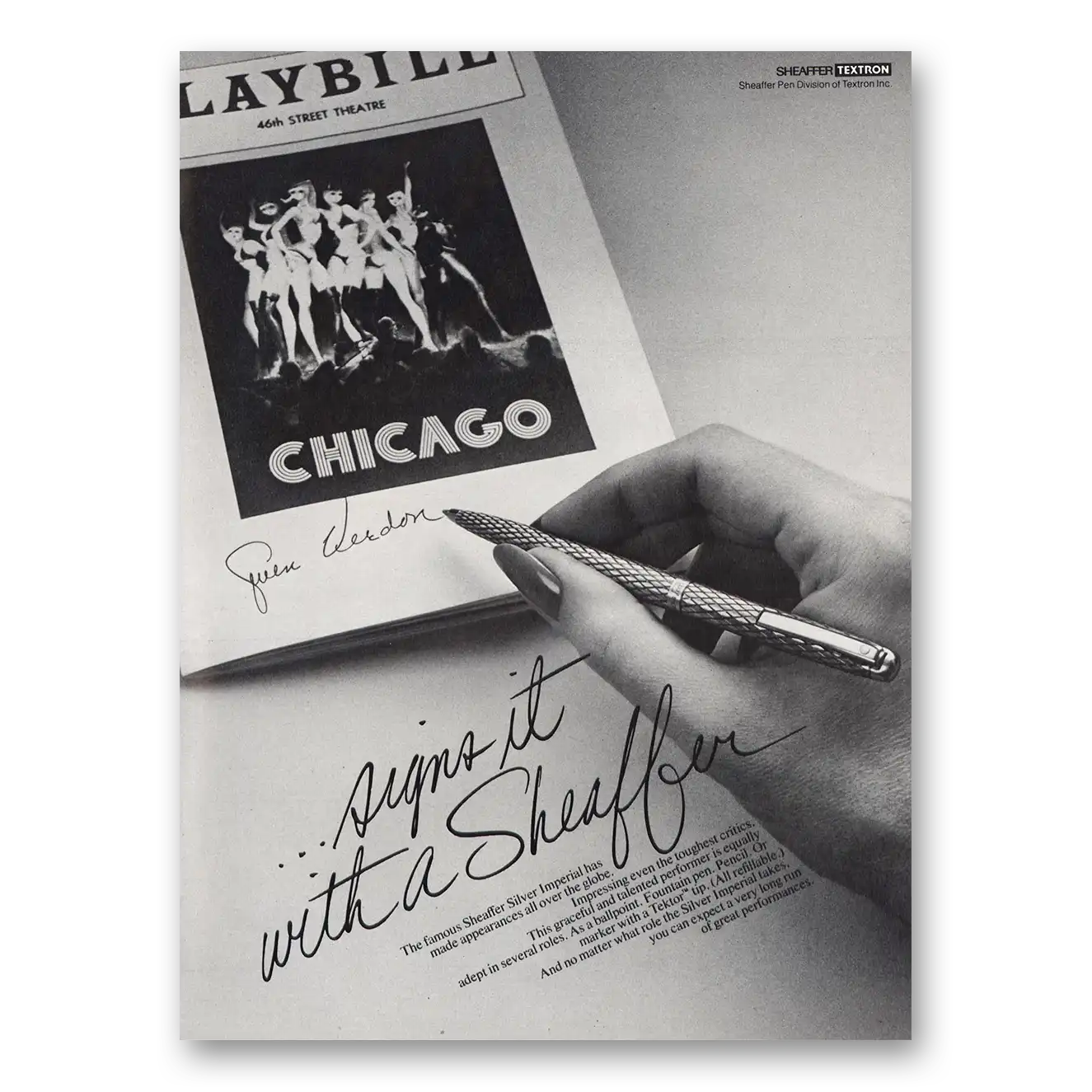 1976 Sheaffers Silver Imperial Pen Chicago Signs It With a Sheaffer Vintage Magazine Print Ad