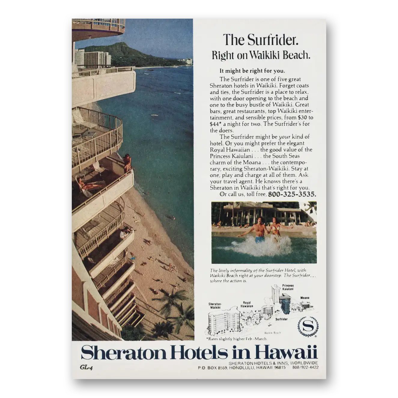 1976 Sheraton Surfrider Hotel Right On Waikiki Beach Vintage Magazine Print Ad