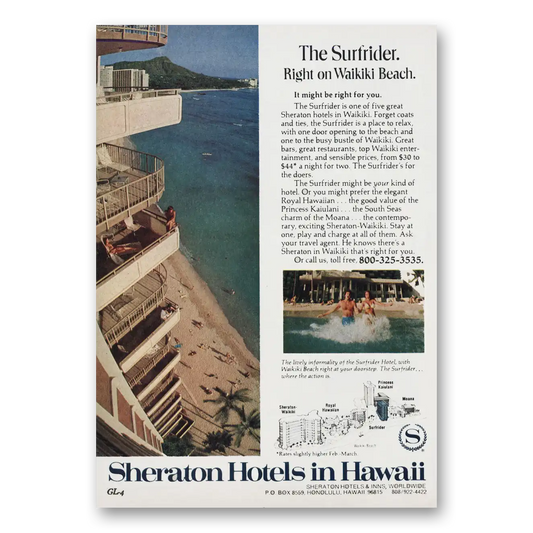 1976 Sheraton Surfrider Hotel Right On Waikiki Beach Vintage Magazine Print Ad