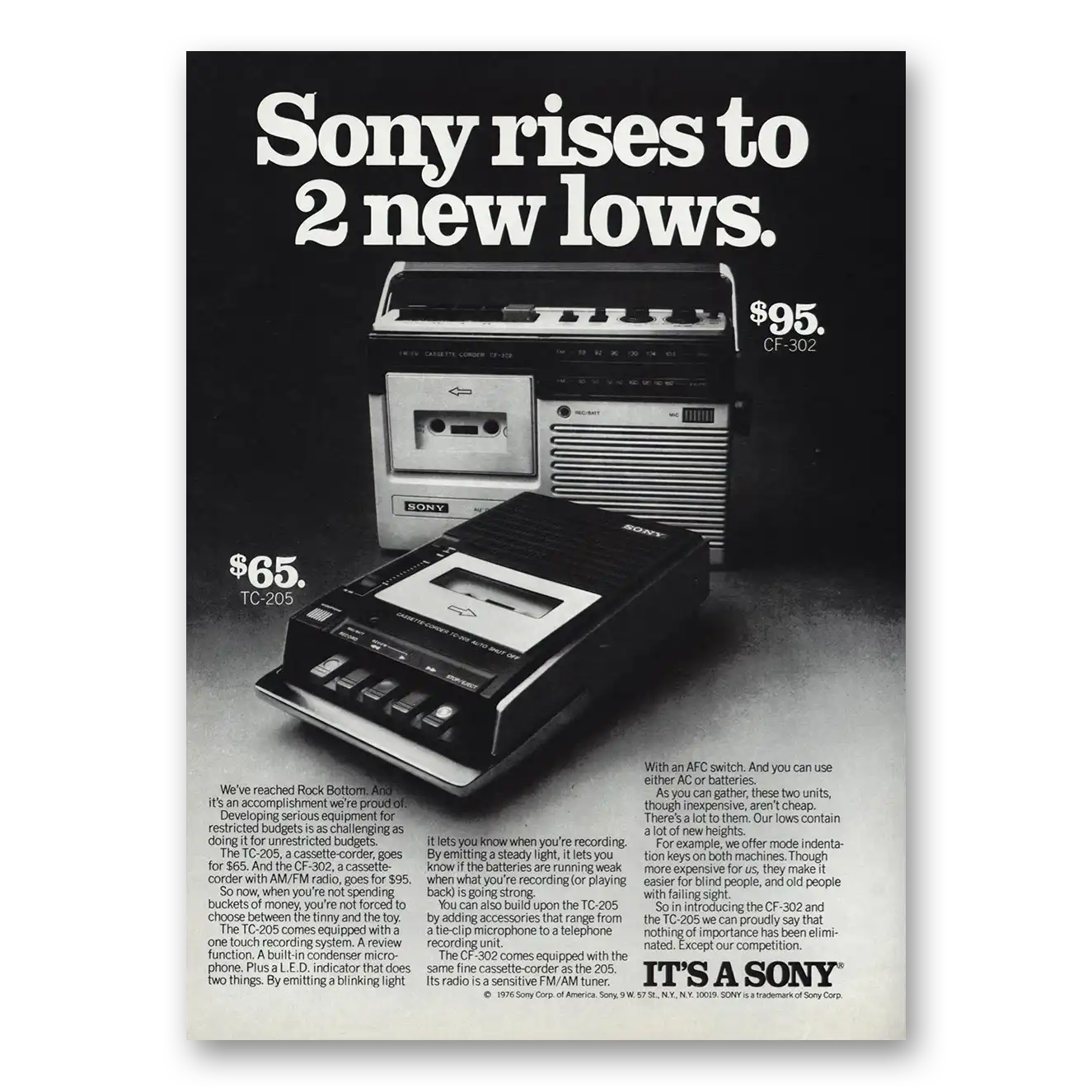 1976 Sony Cassette Corder Rises To 2 New Lows Vintage Magazine Print Ad