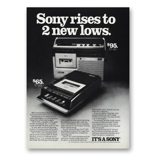 1976 Sony Cassette Corder Rises To 2 New Lows Vintage Magazine Print Ad