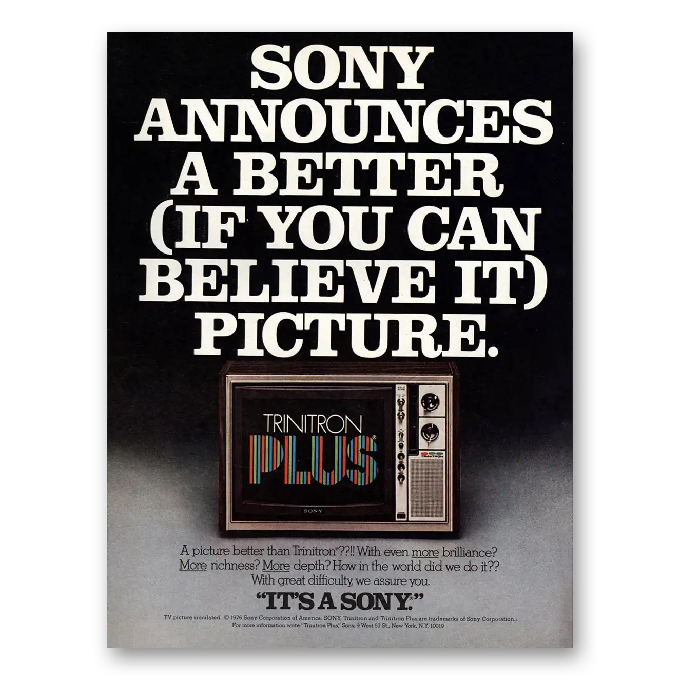 1976 Sony Trinitron You Can Believe It Vintage Magazine Print Ad