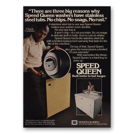 1976 Speed Queen Washer Washers Stainless Steel Tubs Chuck Connors Vintage Magazine Print Ad