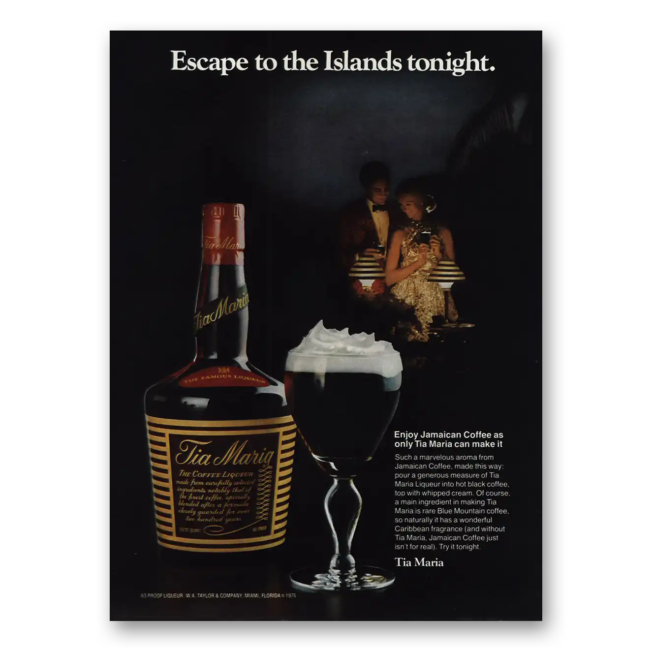 1976 Tia Maria Liqueur Escape to the Islands Tonight Vintage Magazine Print Ad