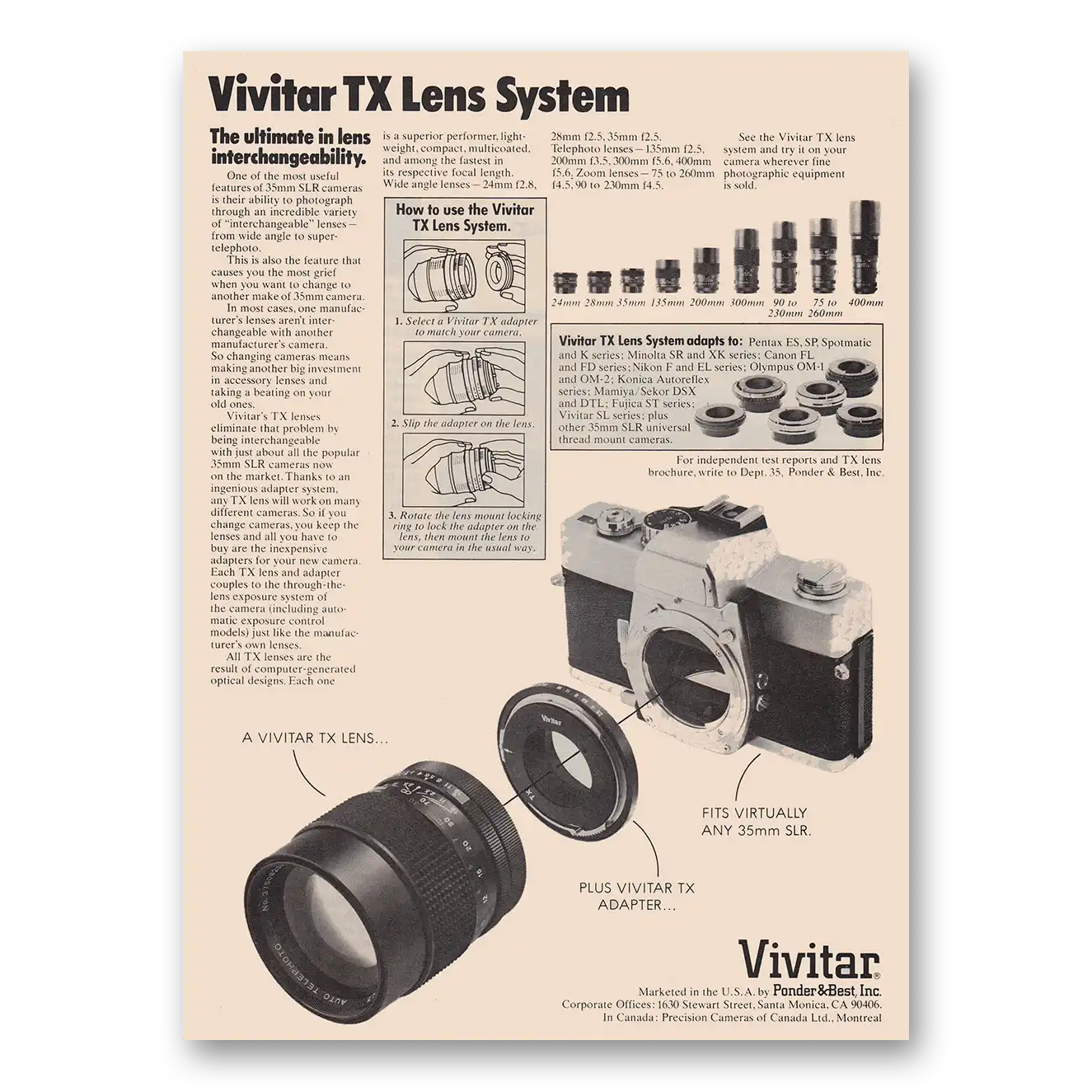 1976 Vivitar Cameras TX Lens System Vintage Magazine Print Ad