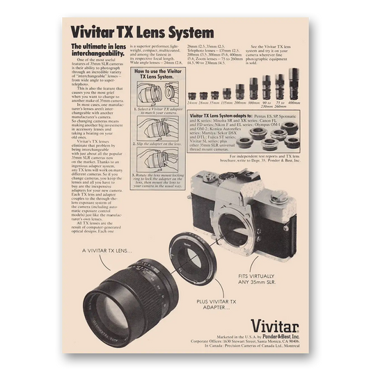 1976 Vivitar Cameras TX Lens System Vintage Magazine Print Ad