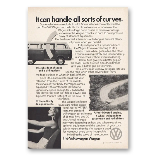 1976 Volkswagen Station Wagon Handle All Sorts of Curves Vintage Magazine Print Ad