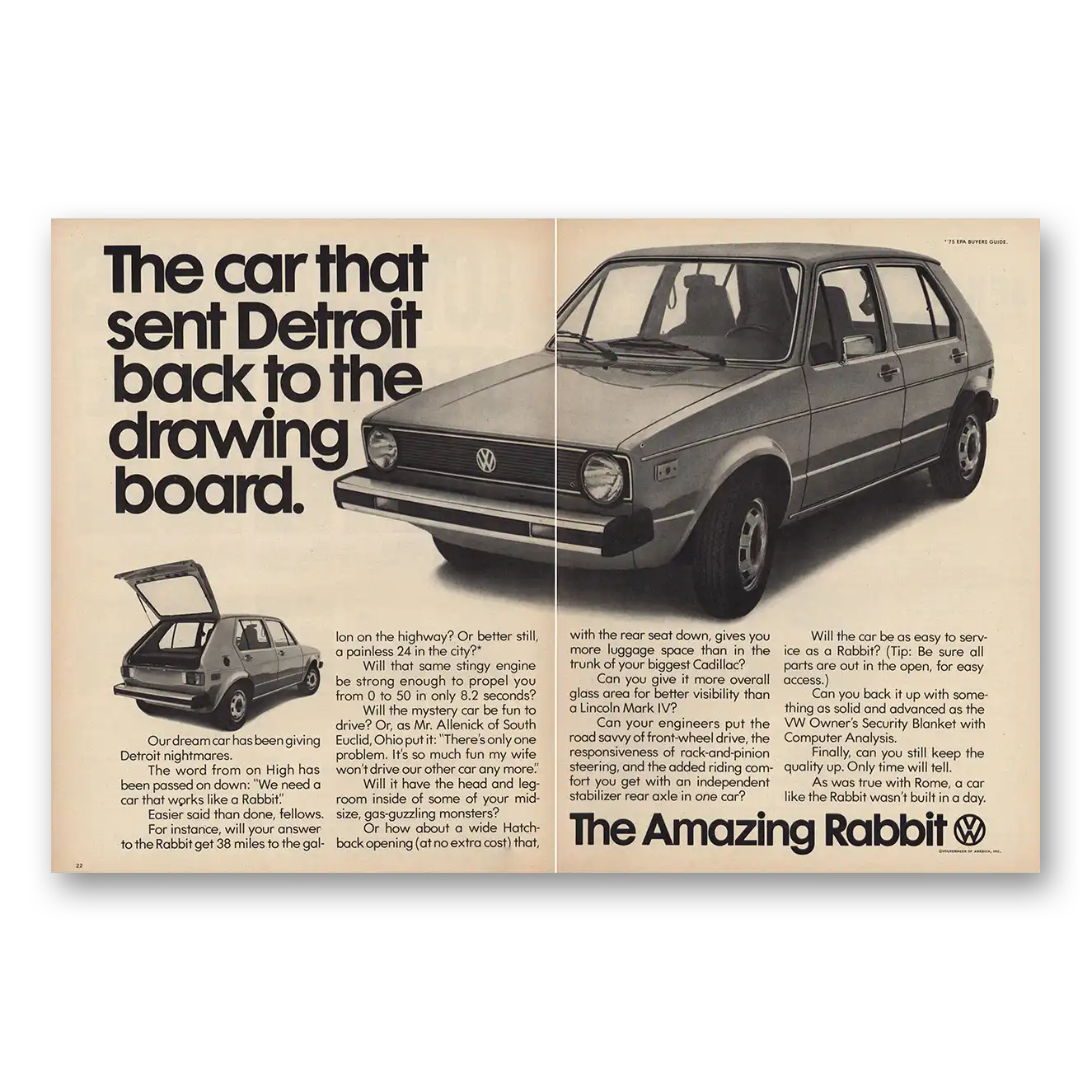 1976 Volkswagen Rabbit Sent Detroit to Drawing Board Vintage Magazine Print Ad