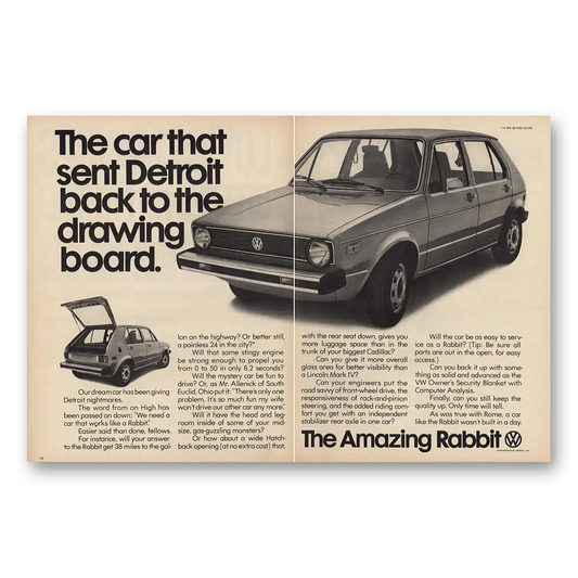 1976 Volkswagen Rabbit Sent Detroit to Drawing Board Vintage Magazine Print Ad