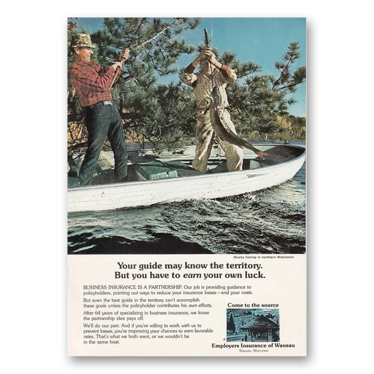 1976 Employers Insurance of Wausau Musky Fishing in Northern Wisconsin Vintage Magazine Print Ad