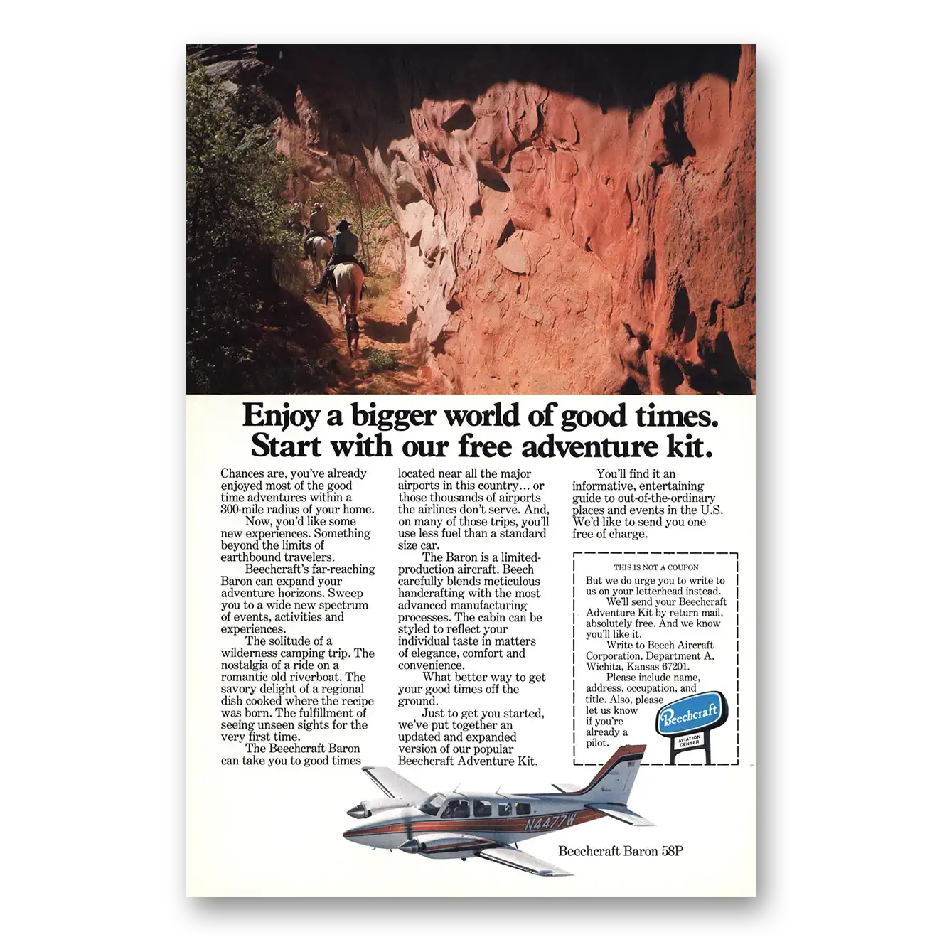 1977 Beechcraft Baron Enjoy a Bigger World Vintage Magazine Print Ad