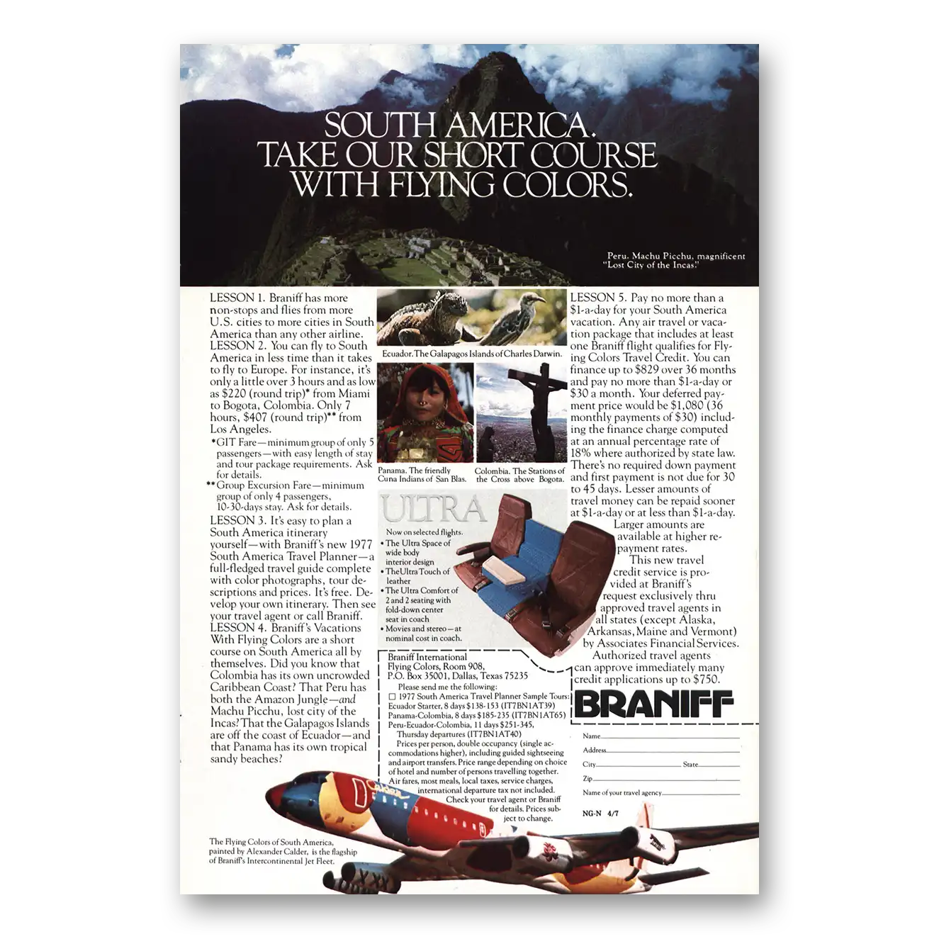 1977 Braniff International Airways Take Short Course With Flying Colors Vintage Magazine Print Ad