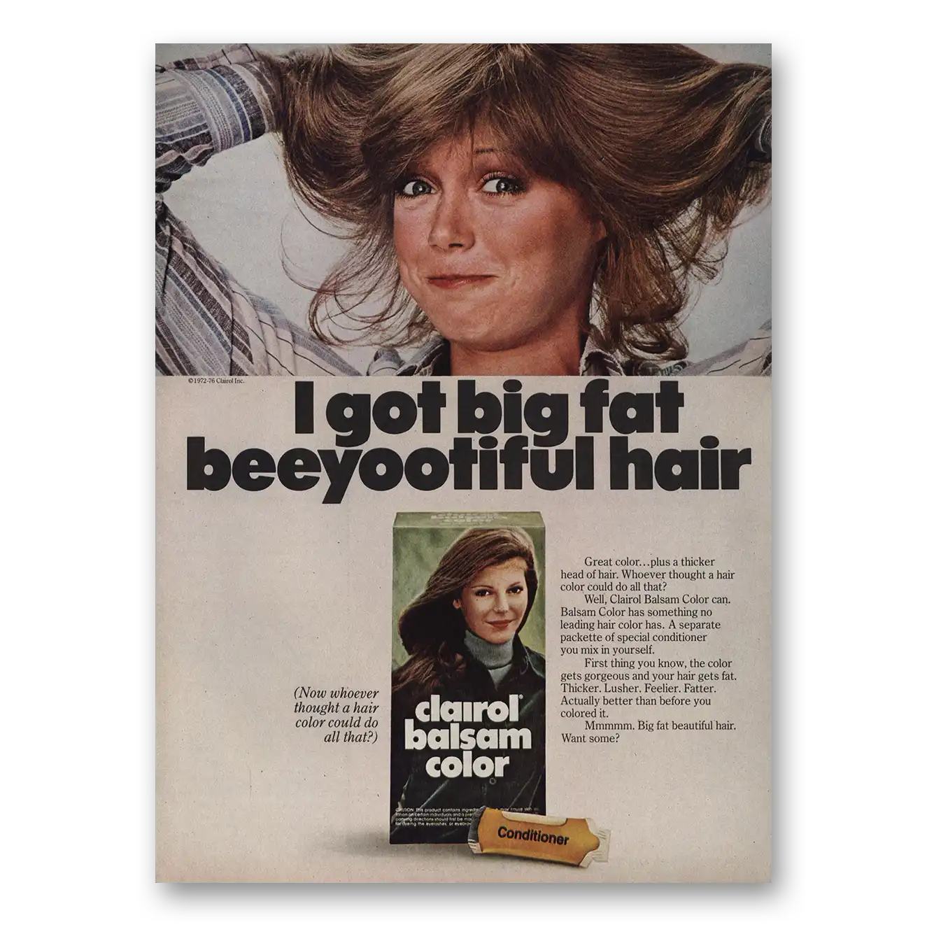 1977 Clairol Balsam Color Big Fat Beeyootiful Hair Vintage Magazine Print Ad