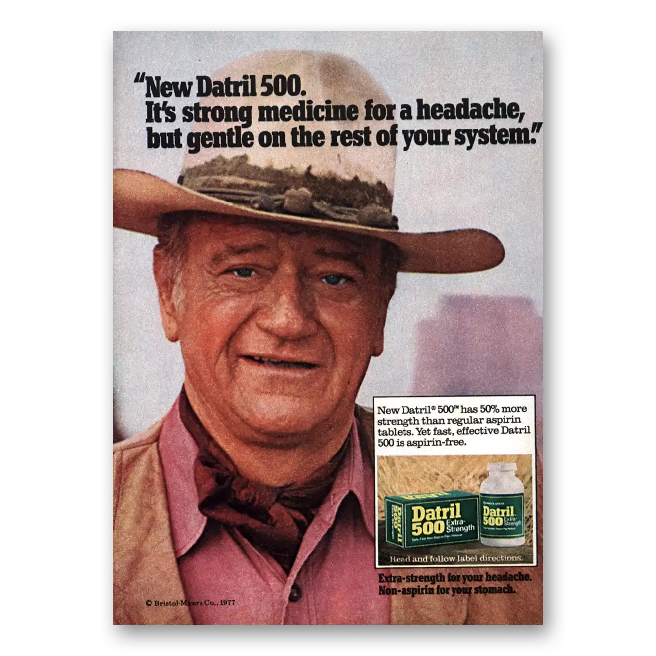 1977 Datril John Wayne Strong Medicine for a Headache Vintage Magazine Print Ad