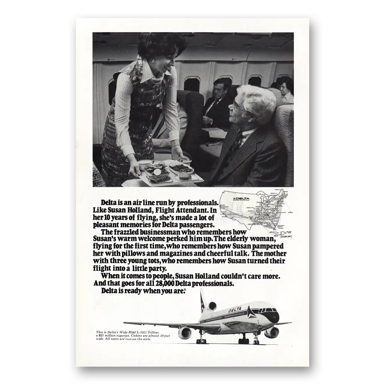 1977 Delta Air Lines Susan Holland Flight Attendant Vintage Magazine Print Ad