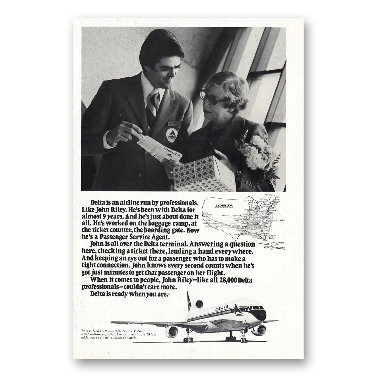 1977 Delta Air Lines John Riley Vintage Magazine Print Ad