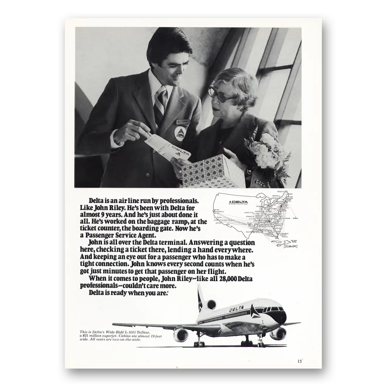 1977 Delta Air Lines John Riley Passenger Service Vintage Magazine Print Ad