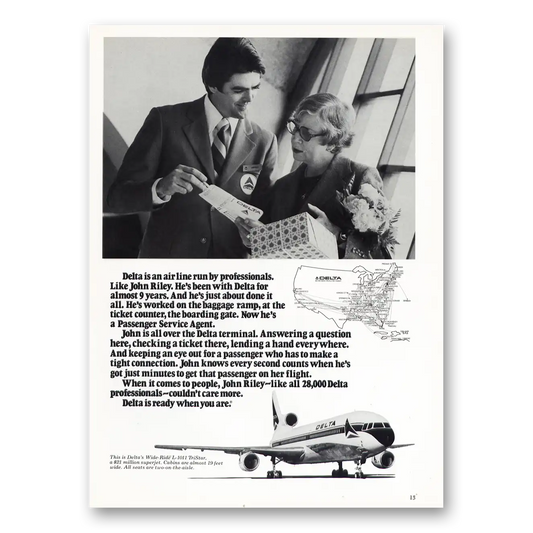 1977 Delta Air Lines John Riley Passenger Service Vintage Magazine Print Ad