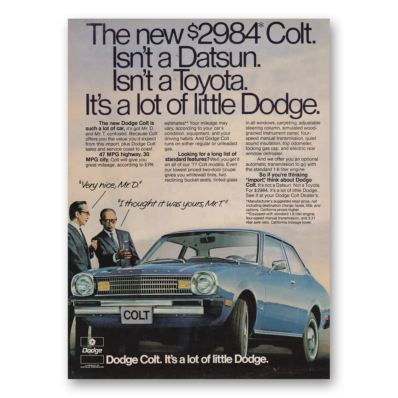 1977 Dodge Colt Isn't a Isn't a Toyota Vintage Magazine Print Ad