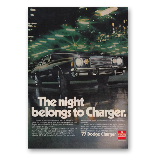 1976 Dodge Charger Night Belongs to Charger Vintage Magazine Print Ad