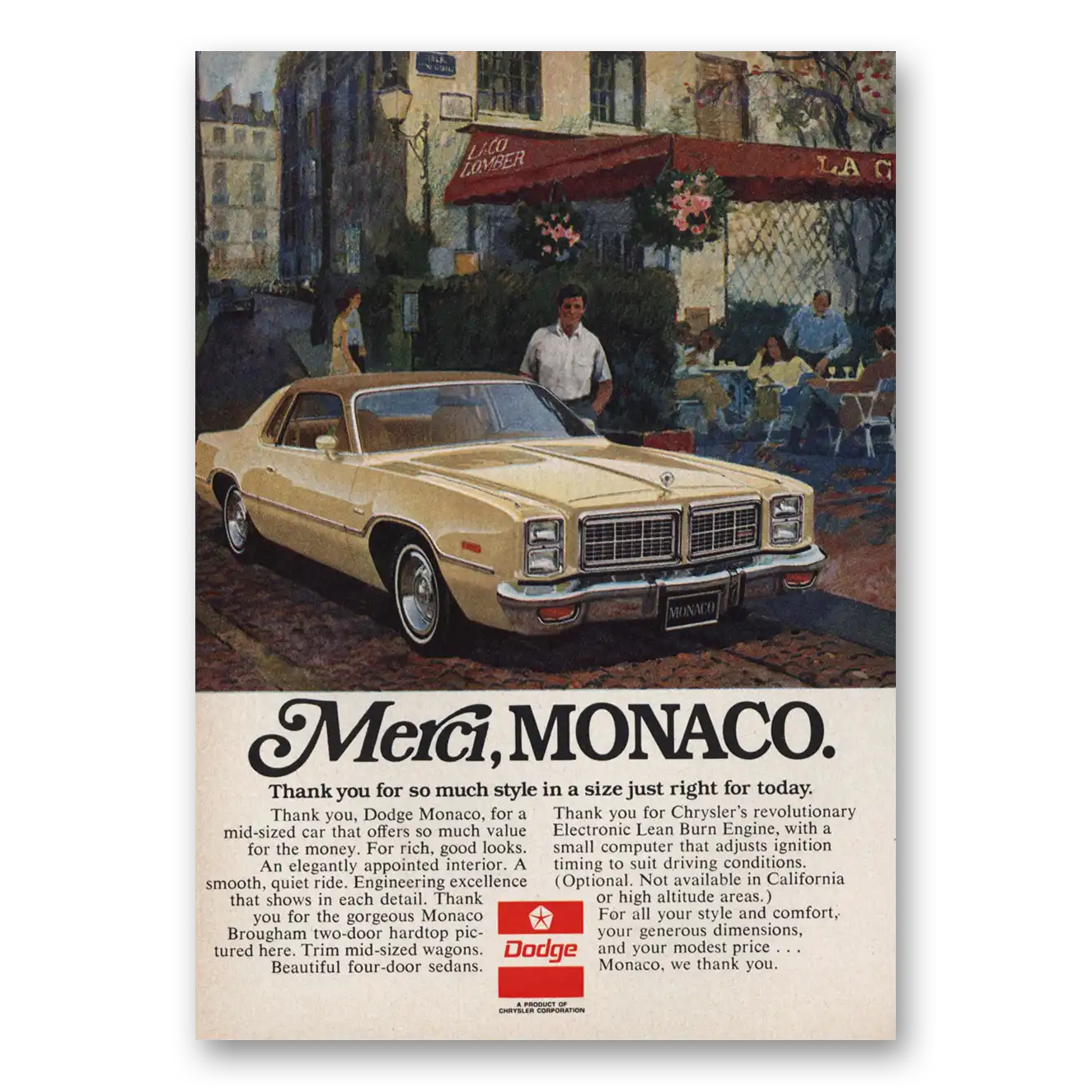 1976 Dodge Monaco Merci Thank You So Much Vintage Magazine Print Ad