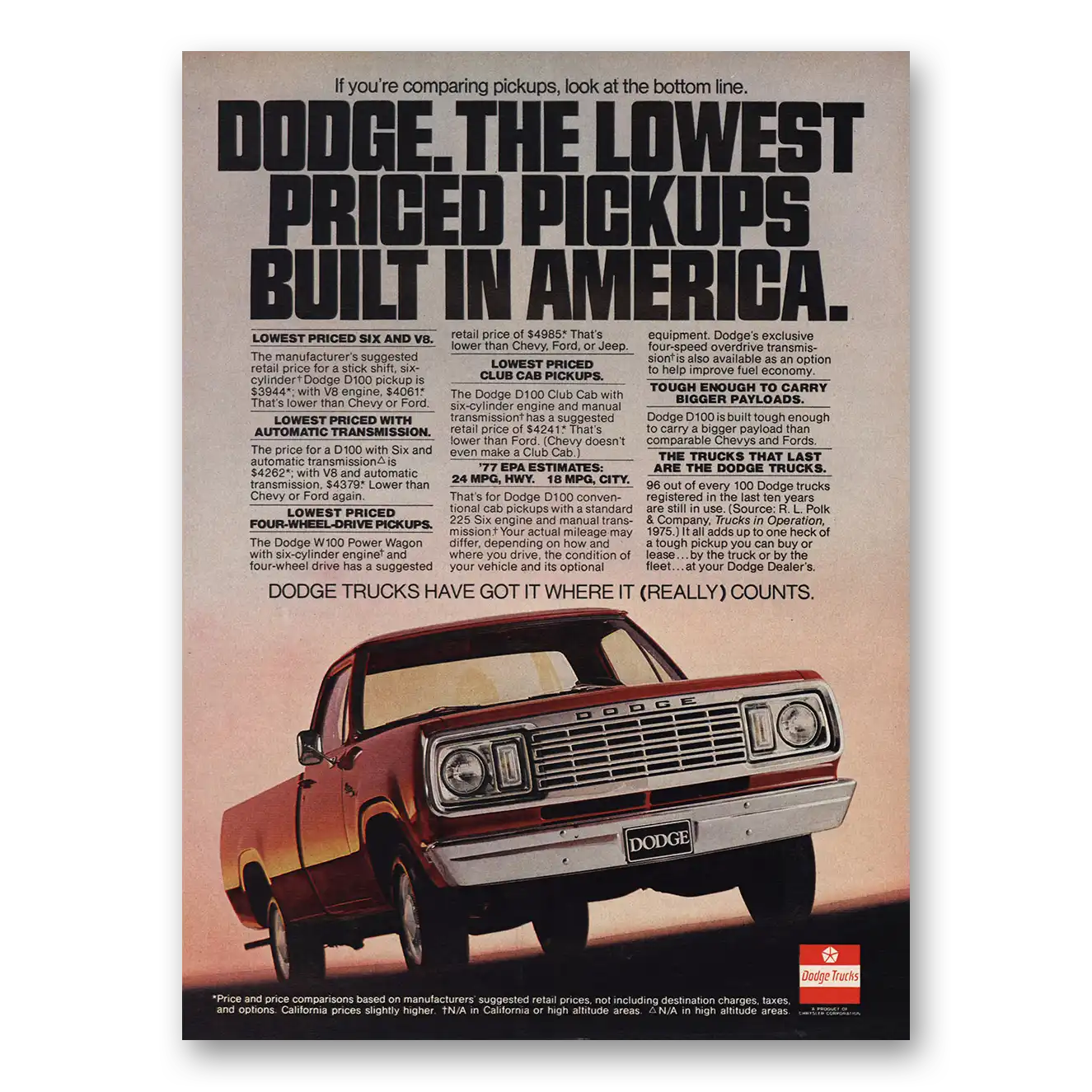 1977 Dodge Trucks Lowest Priced Pickups Built In America Vintage Magazine Print Ad