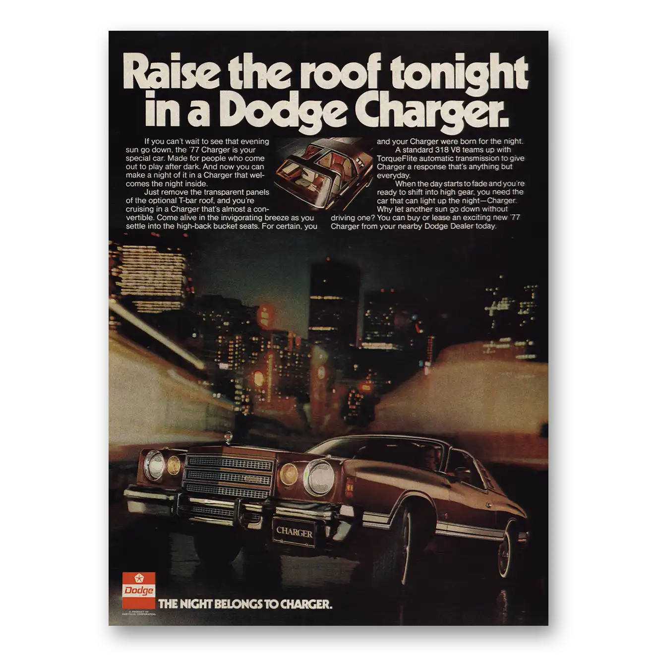 1977 Dodge Charger Raise the Roof Tonight Vintage Magazine Print Ad